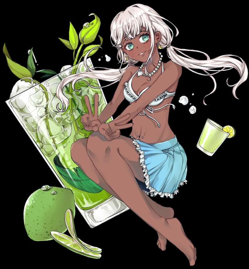 1girl, bikini, bikini_top, blue_skirt, cocktail, commentary, danganronpa_(series), danganronpa_v3:_killing_harmony, frilled_bikini, frills, highres, hy_(fjvlg), skirt, solo, swimsuit, twintails, yonaga_angie