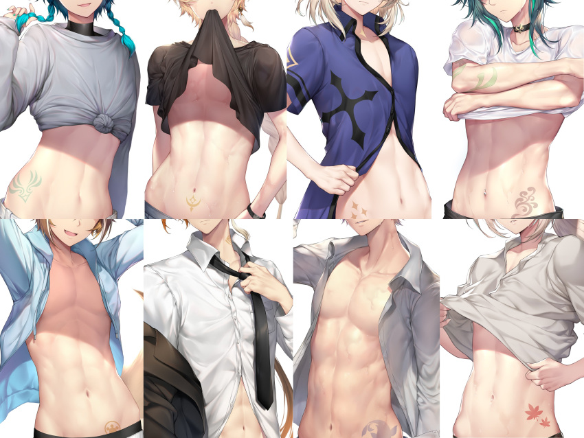6+boys, abs, absurdres, aether_(genshin_impact), aglet, albedo_(genshin_impact), blonde_hair, blue_hair