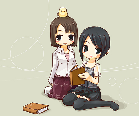 asou_misaki, bird, bird_on_head, black_hair, blush, blush_stickers, book, brown_hair