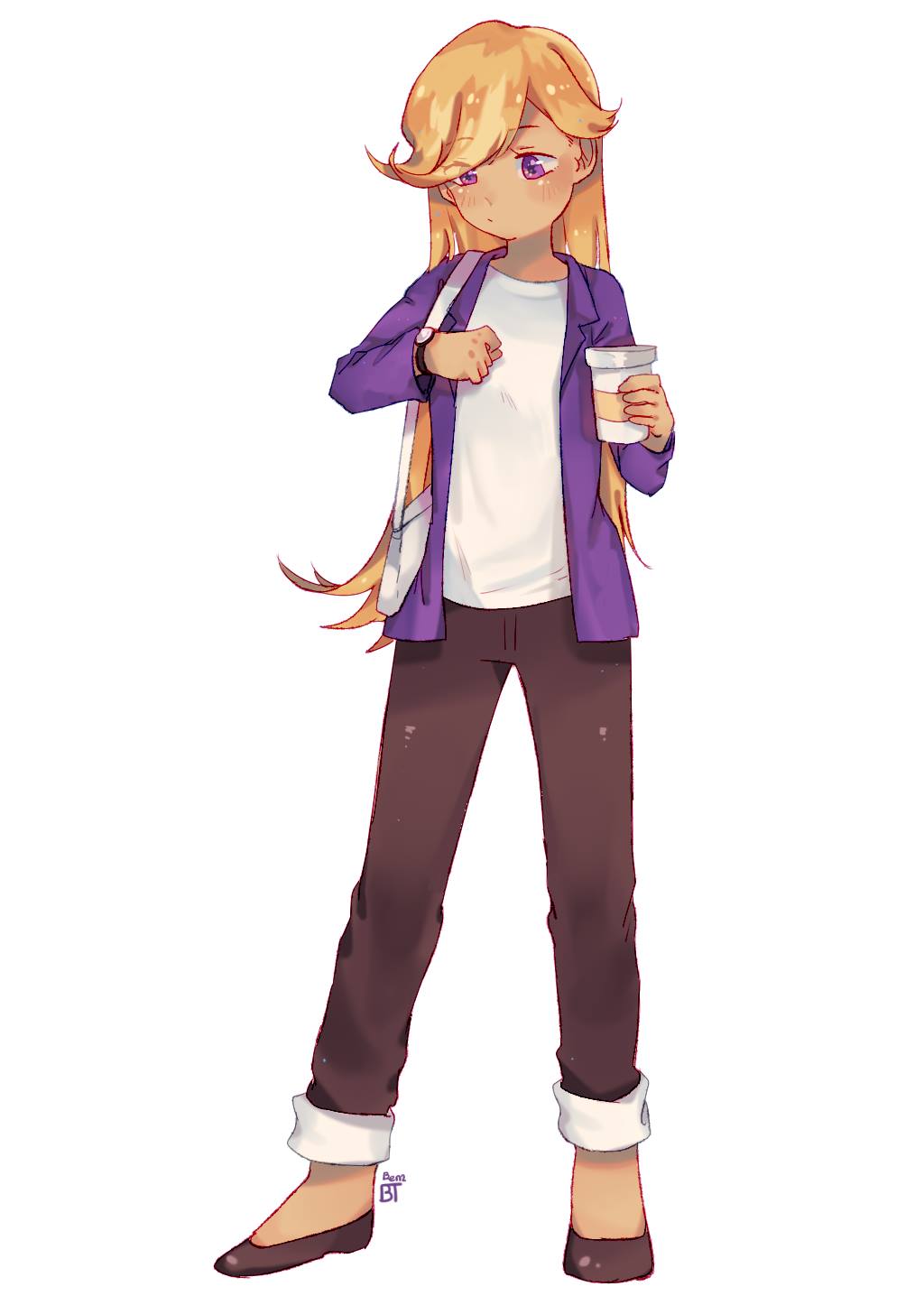 1girl, benzbt, blonde_hair, coffee_cookie, coffee_mug, cookie_run, cup, deviantart