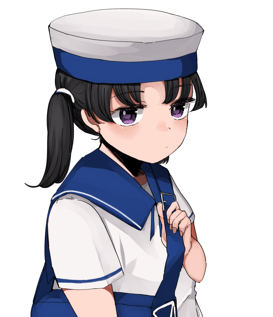 1girl, bag, black_hair, blue_collar, character_name, collar, dated, dress