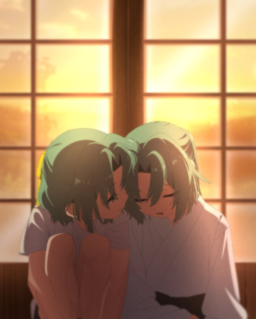 2girls, aru_aru, bangs, blurry, closed_eyes, green_eyes, green_hair, hair_ribbon