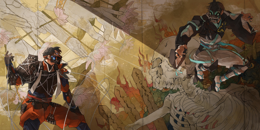 2boys, adapted_costume, alternate_costume, aqua_eyes, armor, bbbb_fex, black_hair, black_nails