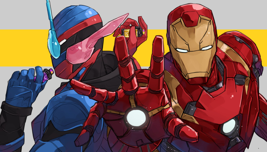2boys, arc_reactor, armor, bbbb_fex, blue_armor, blue_eyes, crossover, fullbottle