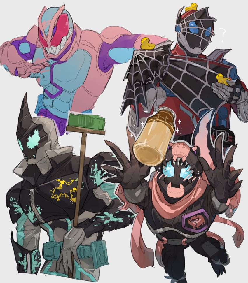 4boys, animal_hood, aqua_eyes, armor, asymmetrical_armor, bbbb_fex, bird, black_armor