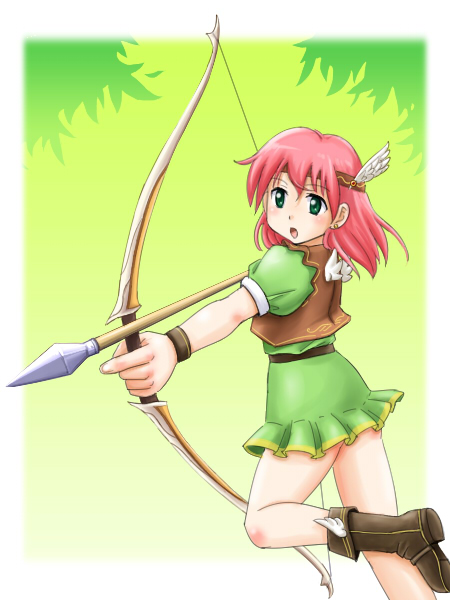 archer, arrow, boots, bow_(weapon), female, final_fantasy, final_fantasy_v, green_eyes, headband, jacket, lenna_charlotte_tycoon, ottosei, pink_hair, short_hair, solo, wristband