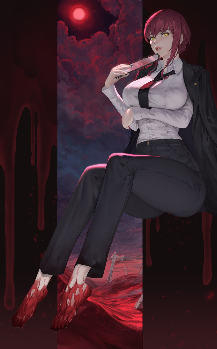 1girl, absurdres, bangs, barefoot, black_nails, black_necktie, blood, blood_on_feet, breasts, business_suit, chainsaw_man, clouds, cross, denim, formal, highres, jacket, jacket_on_shoulders, jeans, large_breasts, lips, looking_at_viewer, makima_(chainsaw_man), medium_hair, moon, nail_polish, necktie, night, night_sky, pants, reallumen, red_moon, redhead, ringed_eyes, shirt_tucked_in, sky, solo, suit, thighs, yellow_eyes