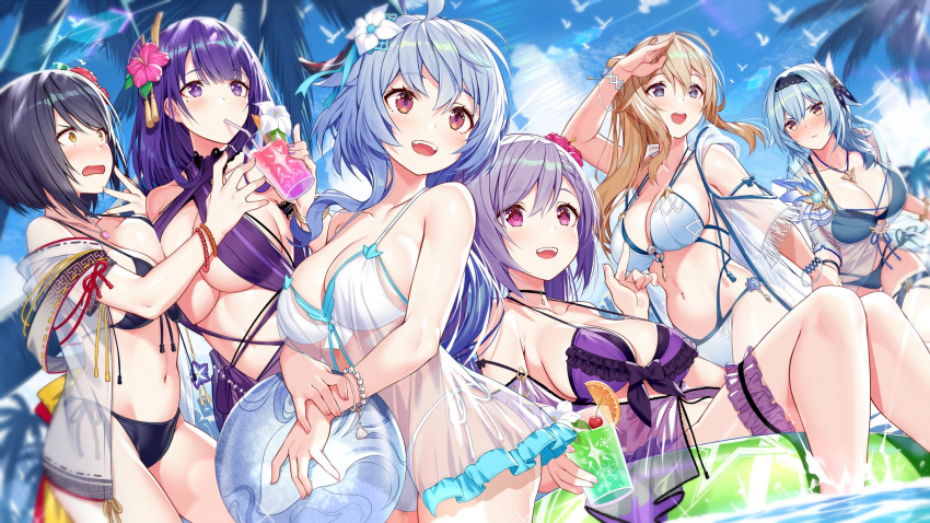 6+girls, ahoge, akusema, arm_up, asymmetrical_docking, ball, bangs, bare_shoulders, beachball, bikini, bird, black_bikini, black_hair, blonde_hair, blue_hair, blue_sky, blunt_bangs, blush, bracelet, braid, breast_press, breasts, cherry, clouds, collarbone, commentary, cup, day, dot_nose, drawstring, drinking, drinking_straw, eula_(genshin_impact), eyebrows_visible_through_hair, flower, food, frilled_bikini, frills, fruit, ganyu_(genshin_impact), genshin_impact, goat_horns, hair_between_eyes, hair_flower, hair_ornament, hairband, hand_up, hibiscus, highres, holding, holding_cup, horns, innertube, jean_(genshin_impact), jewelry, keqing_(genshin_impact), kujou_sara, large_breasts, leaning_forward, lens_flare, long_hair, looking_to_the_side, mole, mole_under_eye, multiple_girls, nail_polish, navel, o-ring, o-ring_bikini, o-ring_top, orange_(fruit), orange_slice, outdoors, palm_tree, pink_flower, purple_bikini, purple_hair, purple_nails, raiden_shogun, red_flower, shiny, shiny_hair, short_hair, side-tie_bikini, single_braid, sky, smile, strap_gap, swimsuit, teeth, thigh_strap, thighs, tree, upper_teeth, v-shaped_eyebrows, violet_eyes, vision_(genshin_impact), water, white_bikini, white_flower, yellow_eyes