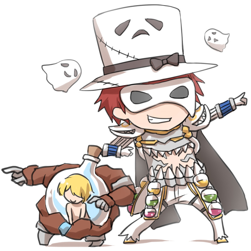 2boys, armor, black_bow, blonde_hair, bow, character_print, chibi, closed_mouth