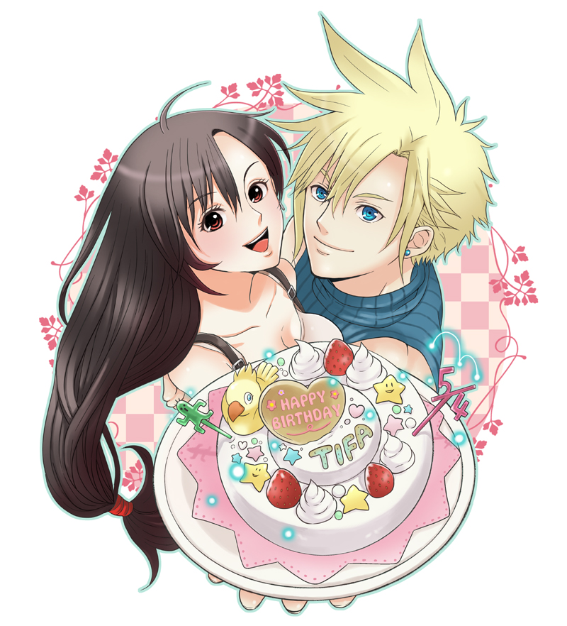 black_hair, blonde_hair, blue_eyes, cactuar, cake, chocobo, cloud_strife, couple