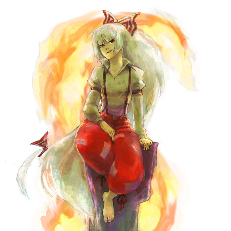 1girl, barefoot, fire, fujiwara_no_mokou, kaibashira, long_hair, shirt, sitting