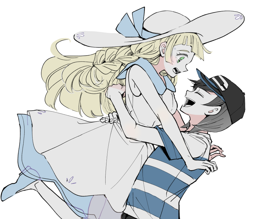 1boy, 1girl, :d, atsumi_yoshioka, blonde_hair, blue_footwear, blue_ribbon, closed_eyes