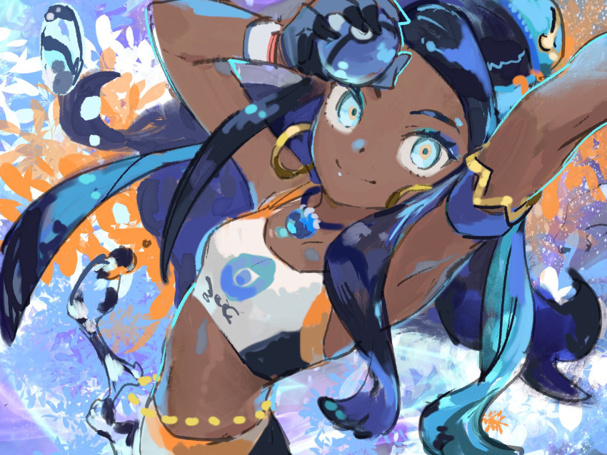 1girl, akiyama_youkou, armlet, arms_up, belly_chain, bike_shorts, black_hair, blue_eyes, blue_eyeshadow, blue_hair, closed_mouth, commentary_request, dark-skinned_female, dark_skin, dive_ball, dynamax_band, earrings, eyelashes, eyeshadow, gloves, hair_bun, highres, holding, holding_poke_ball, hoop_earrings, jewelry, long_hair, looking_at_viewer, makeup, multicolored_hair, necklace, nessa_(pokemon), poke_ball, pokemon, pokemon_(game), pokemon_swsh, smile, solo, two-tone_hair, water, water_drop