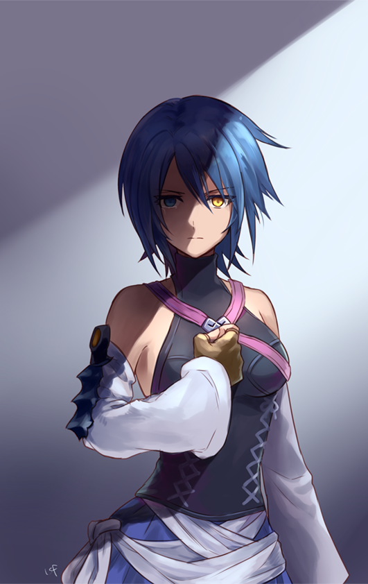 1girl, aqua_(kingdom_hearts), bare_shoulders, blue_eyes, blue_hair, breasts, closed_mouth, detached_sleeves