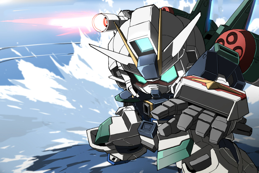 7no2gou, beam_javelin, blast_impulse_gundam, chibi, commentary, energy_lance, green_eyes, gundam