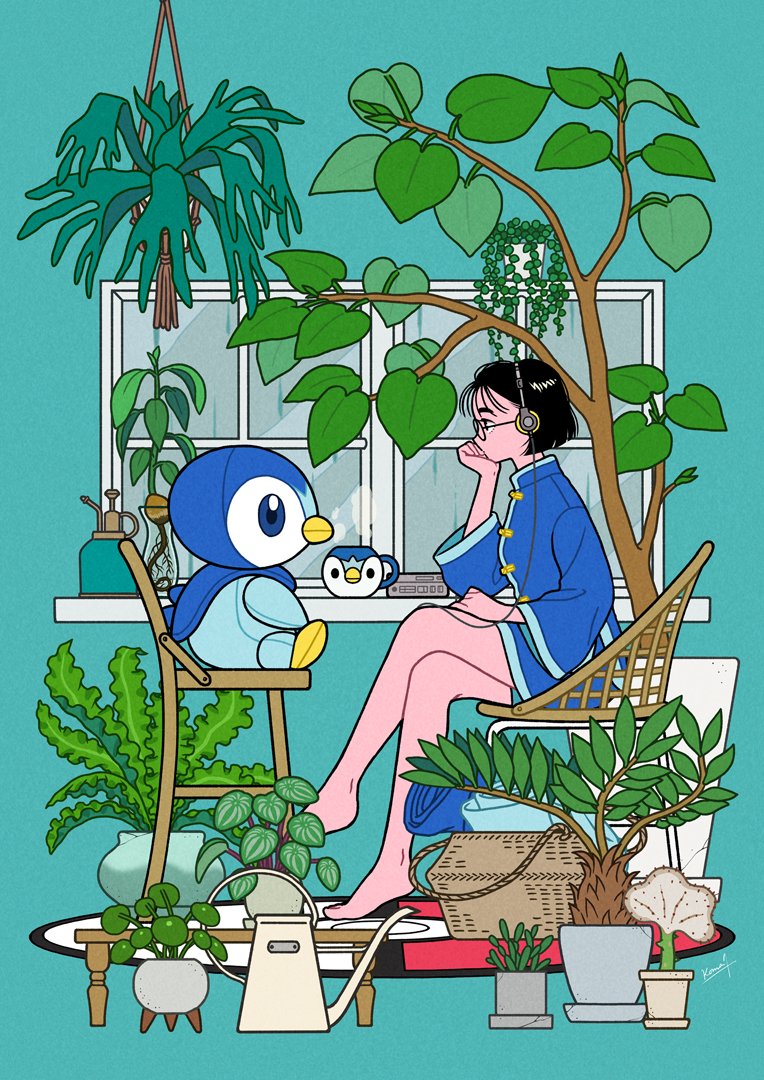 1girl, bangs, bare_legs, barefoot, basket, black_hair, blue_jacket, chair, commentary_request, crossed_legs, cup, flower_pot, from_side, glasses, hand_on_own_thigh, hand_up, hanging_plant, headphones, jacket, komayama_akira, mug, original, piplup, plant, pokemon, potted_plant, shiny, shiny_hair, short_hair, signature, sitting, watering_can, window