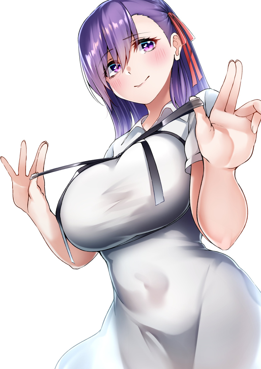 1girl, absurdres, bangs, black_ribbon, blush, breasts, covered_navel, dress