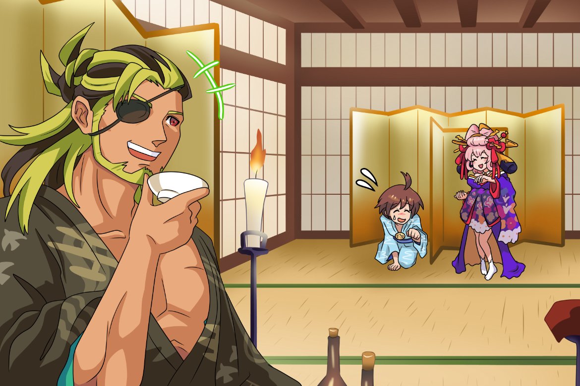 1boy, 2girls, :d, alk_(world_flipper), bangs, beard, brown_hair, chibi, chibi_inset, cup, dark-skinned_male, dark_skin, eyepatch, facial_hair, green_hair, green_kimono, holding, japanese_clothes, kikuno_(world_flipper), kimono, leon_(world_flipper), long_hair, mature_male, multicolored_hair, multiple_girls, muscular, muscular_male, open_clothes, open_kimono, pectoral_cleavage, pectorals, pink_hair, print_kimono, purple_kimono, sakazuki, smile, takanabeasami, two-tone_hair, world_flipper