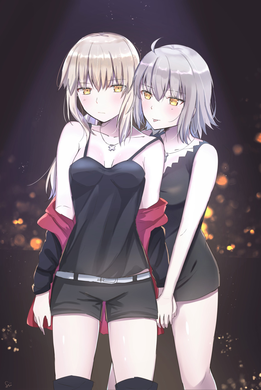 2girls, absurdres, ahoge, artoria_pendragon_(fate), bangs, bare_arms, bare_legs, bare_shoulders