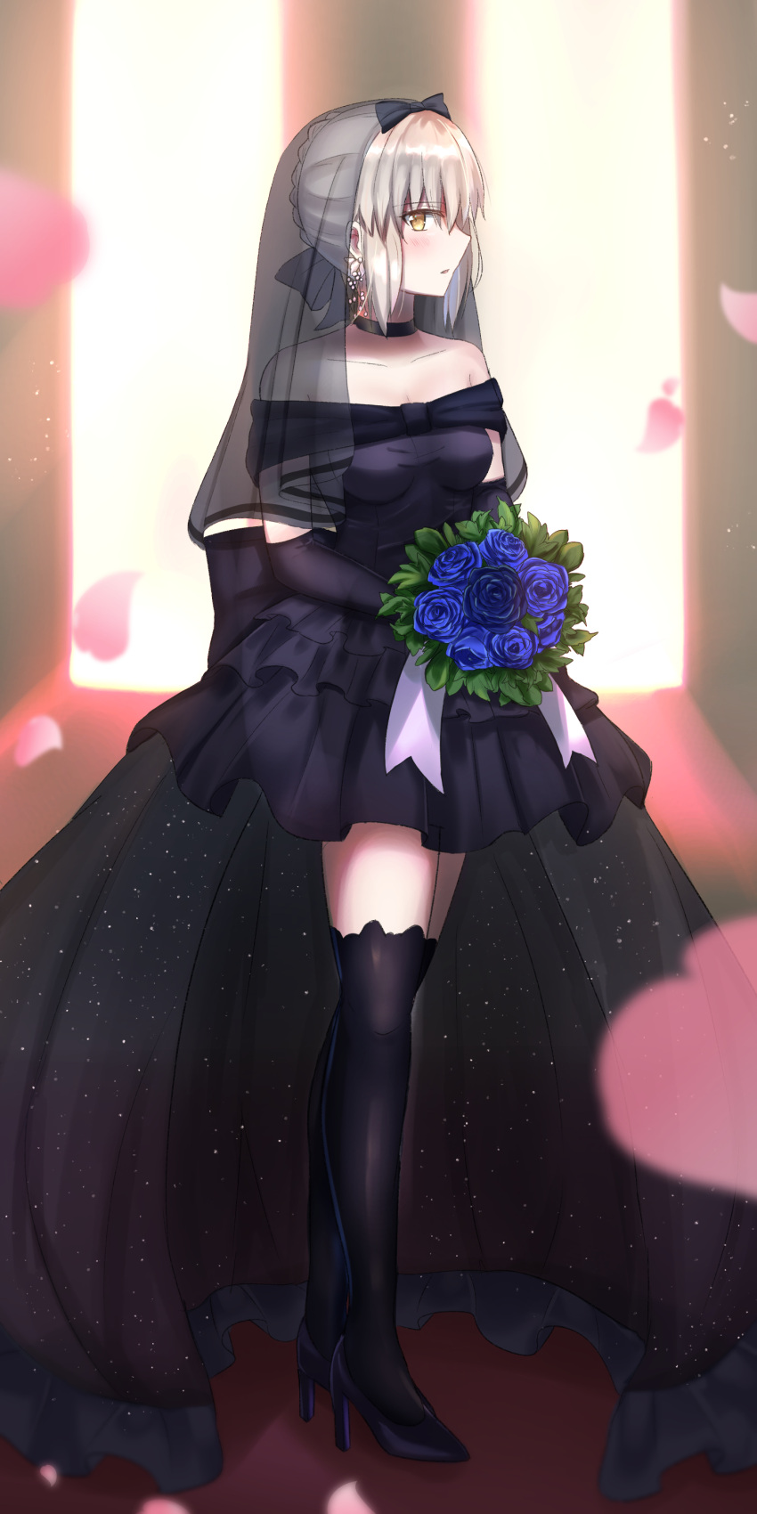 1girl, absurdres, artoria_pendragon_(fate), black_dress, black_legwear, bouquet, braid, breasts