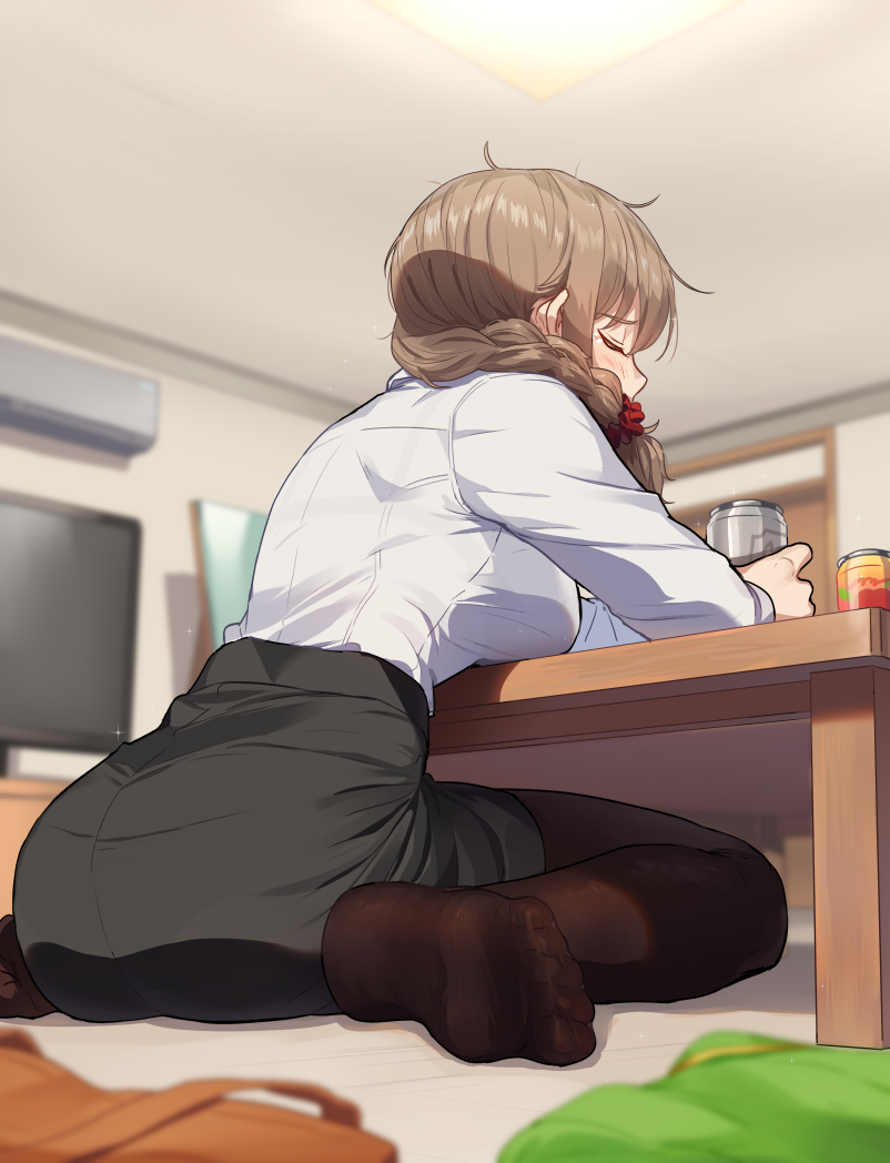 1girl, air_conditioner, alcohol, beer, black_legwear, blurry, braid, braided_ponytail