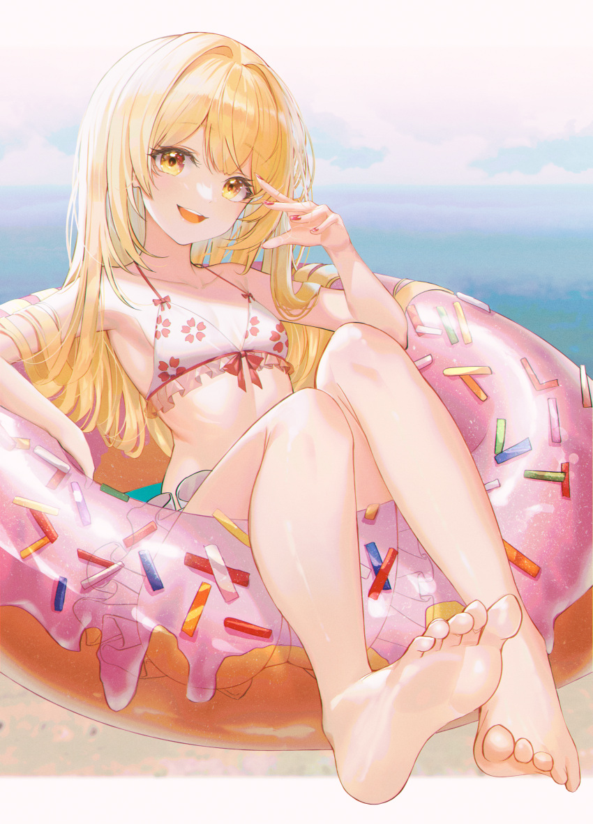 1girl, :d, absurdres, armpits, bare_legs, bare_shoulders, barefoot, bikini