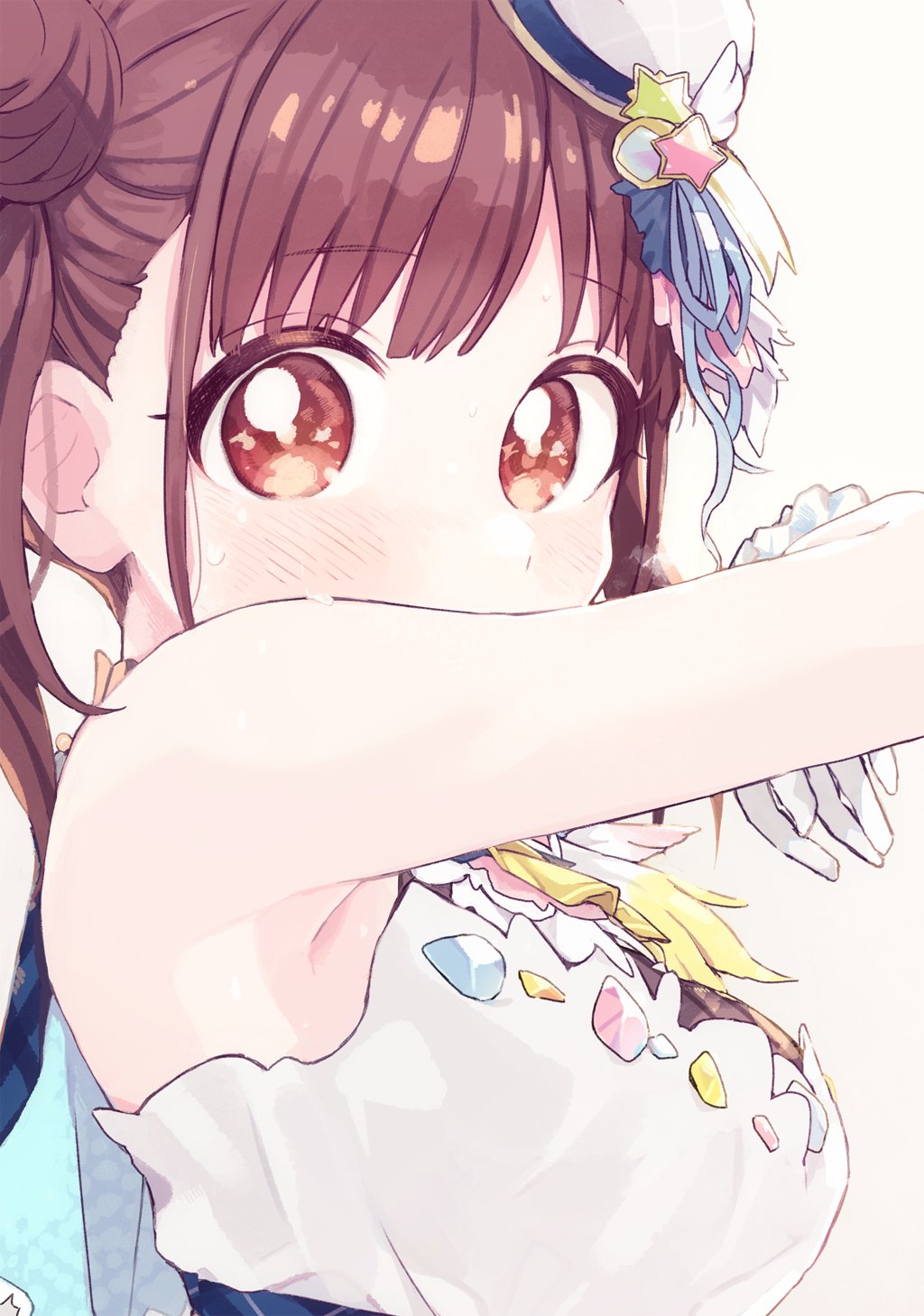 1girl, arm_up, armpits, blush, breasts, bright_pupils, brown_hair, covered_mouth