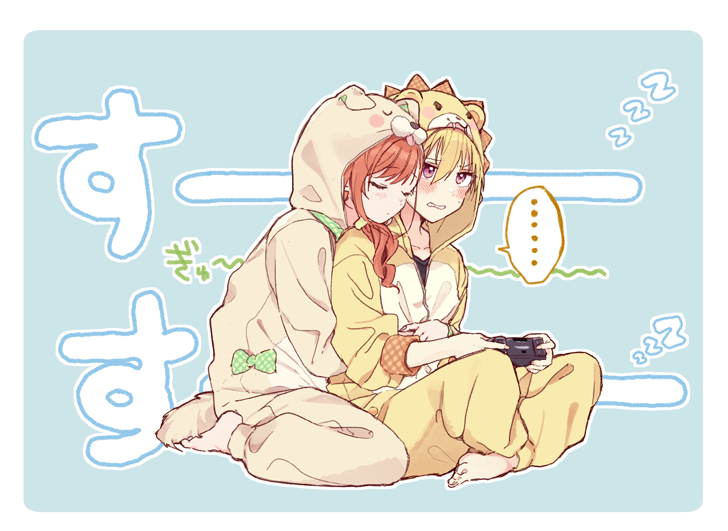 ..., 2girls, animal_costume, animal_hood, arisugawa_natsuha, barefoot, blonde_hair, blush