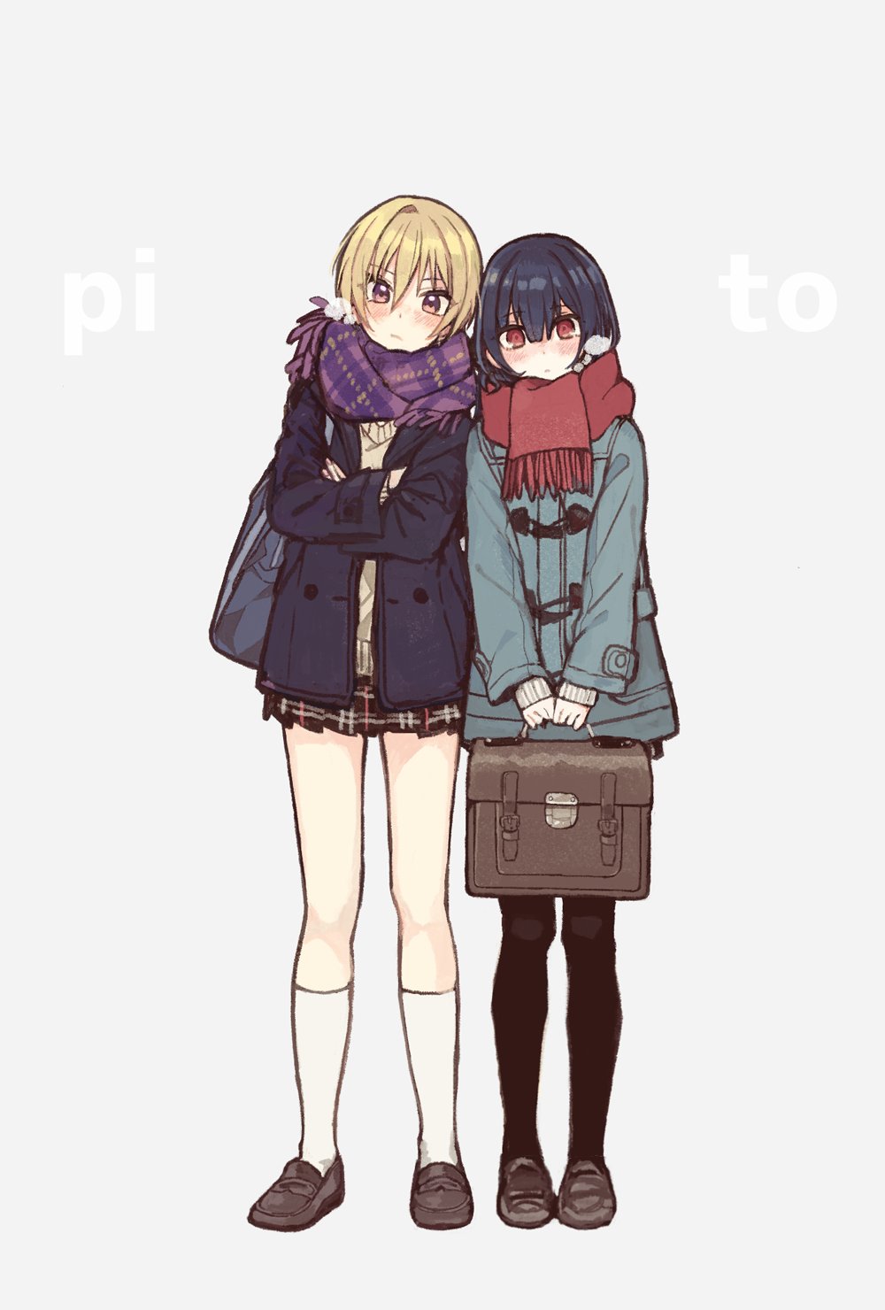 2girls, bag, black_legwear, blonde_hair, blush, coat, crossed_arms, dark_blue_hair