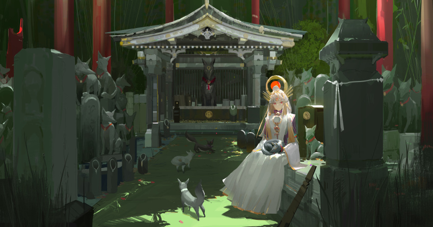 1girl, absurdres, animal_on_lap, bangs, bell, blonde_hair, closed_mouth, day