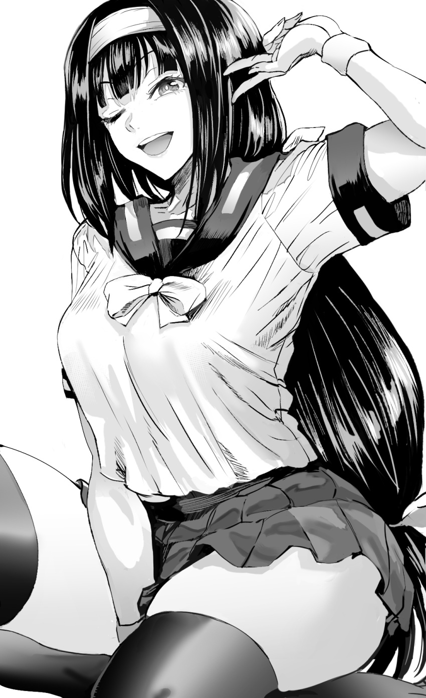 1girl, ajimu_najimi, bangs, bow, breasts, daraz18aka, greyscale, hair_ribbon