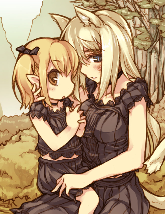 animal_ears, blonde_hair, blue_eyes, blush, brown_eyes, cat_ears, cat_tail, child