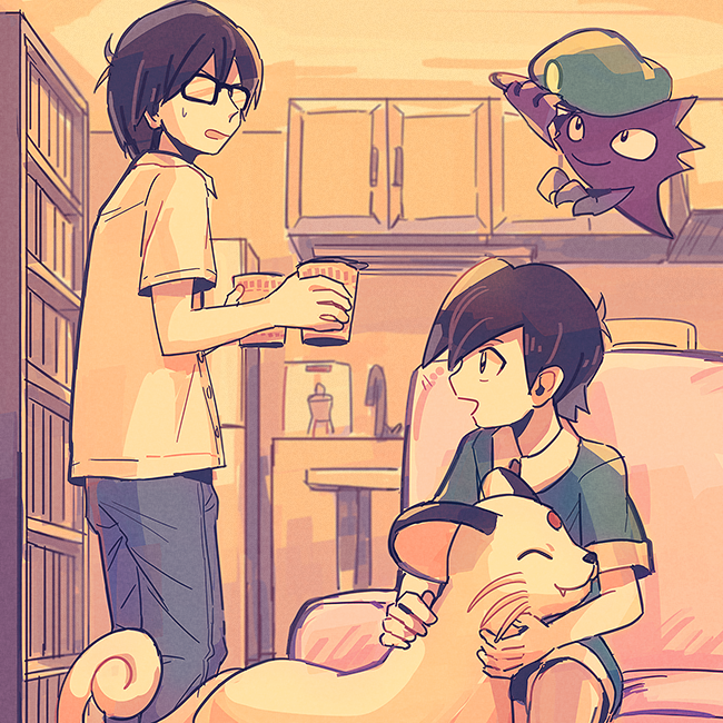 2boys, bangs, black_hair, bookshelf, buttons, camper_(pokemon), commentary_request, couch