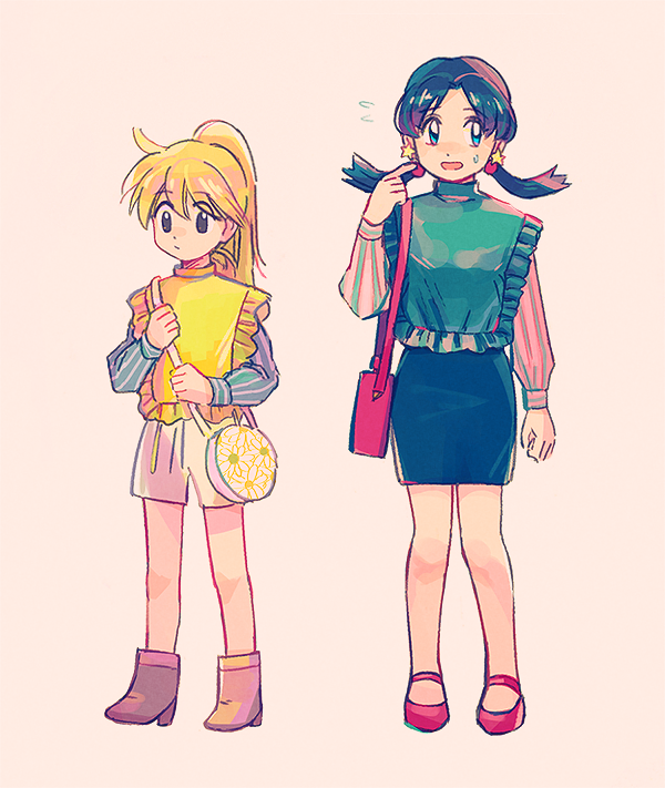 2girls, bag, bangs, black_eyes, blonde_hair, blue_eyes, boots, brown_footwear