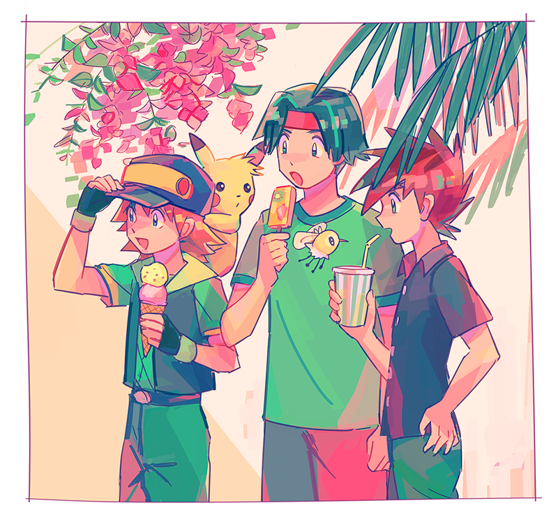 3boys, baseball_cap, belt, black_shirt, border, buttons, collared_shirt, commentary_request