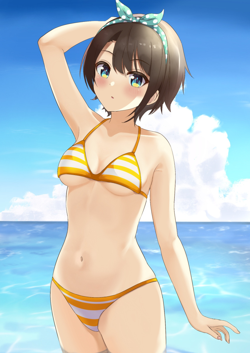 1girl, arm_at_side, arm_up, bangs, bikini, black_hair, blue_eyes, blue_sky