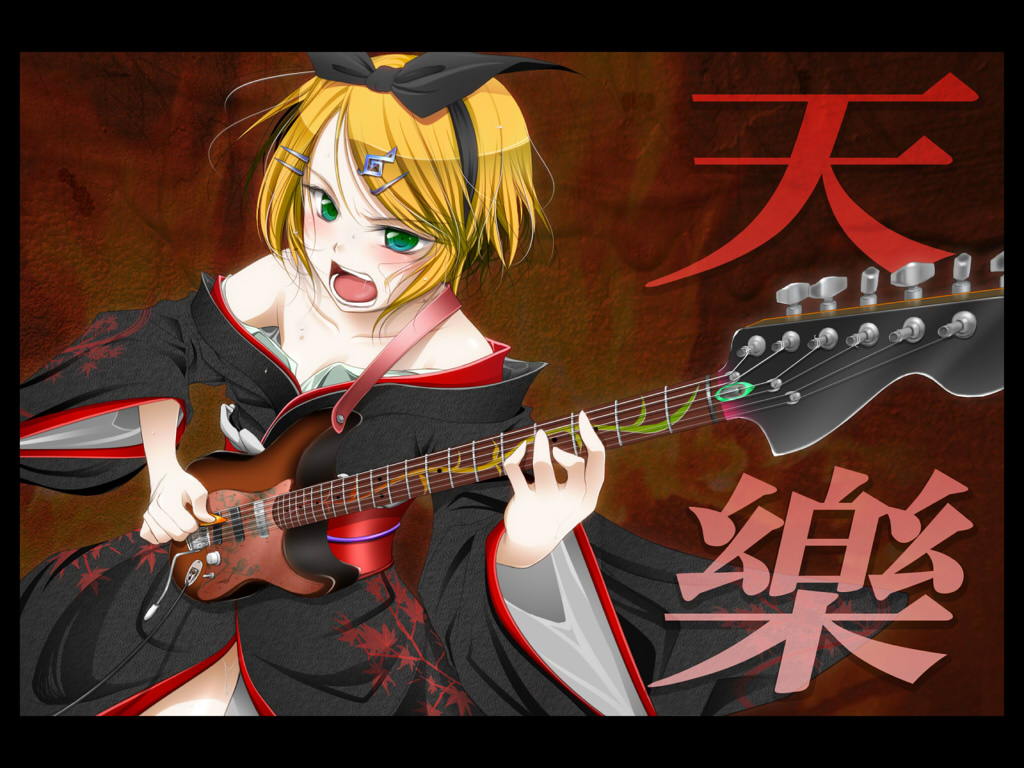 blonde_hair, green_eyes, guitar, hair_ornament, hair_ribbon, hairclip, instrument, japanese_clothes