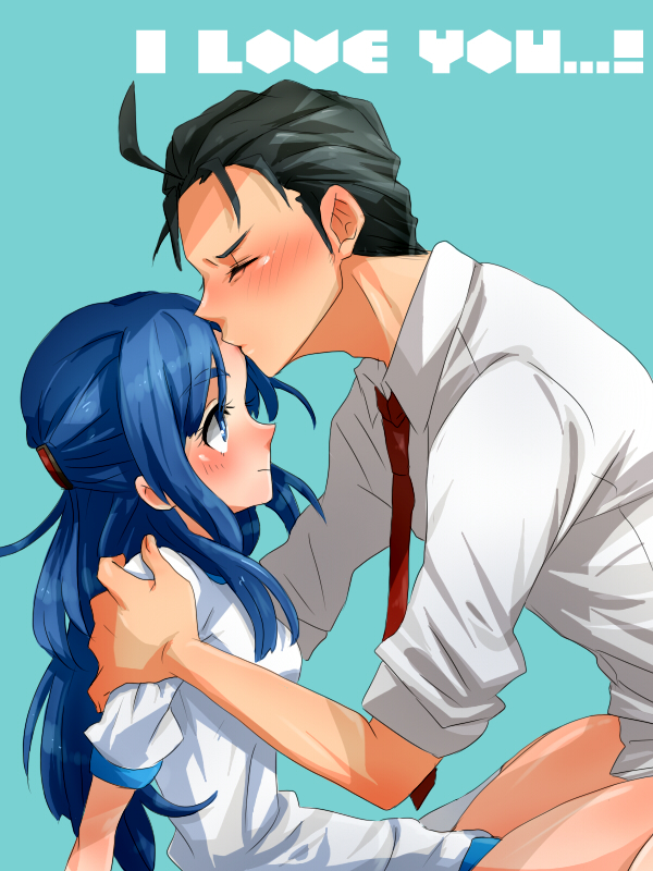 black_hair, blue_eyes, blue_hair, buruma, coalow, gym_uniform, kiss, long_hair