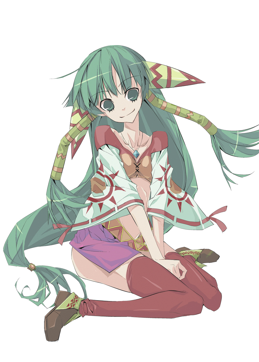grandia, grandia_i, green_hair, hair_ornament, highres, long_hair, red_legwear, shigure_(crimsonlover), sigures, sitting, smile, solo, thighhighs, v_arms