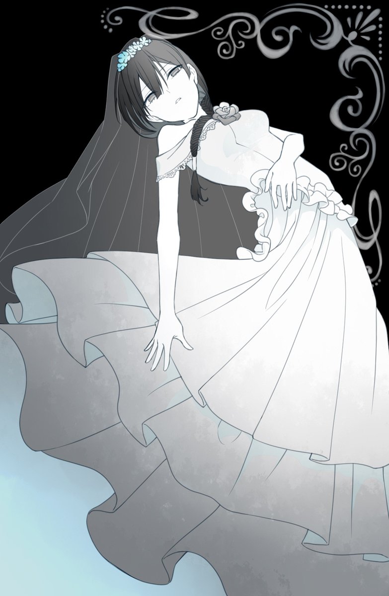 1girl, alter_ego_(game), asymmetrical_hair, bare_shoulders, black_hair, braid, breasts, bridal_veil