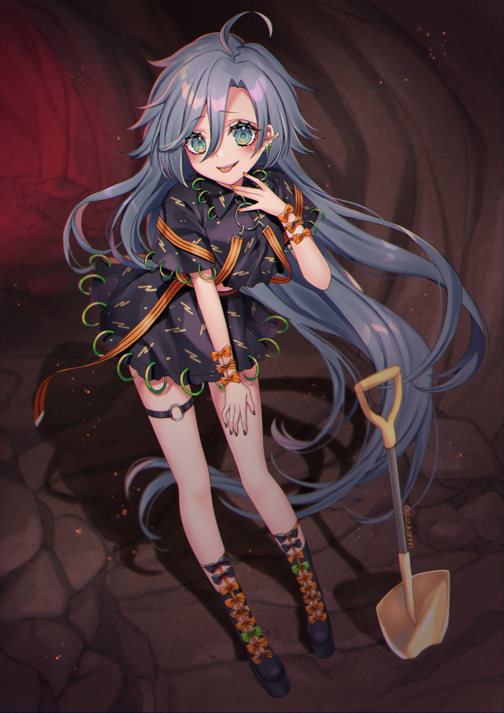 1girl, :p, \||/, ahoge, arm_ribbon, bangs, black_footwear, black_shirt
