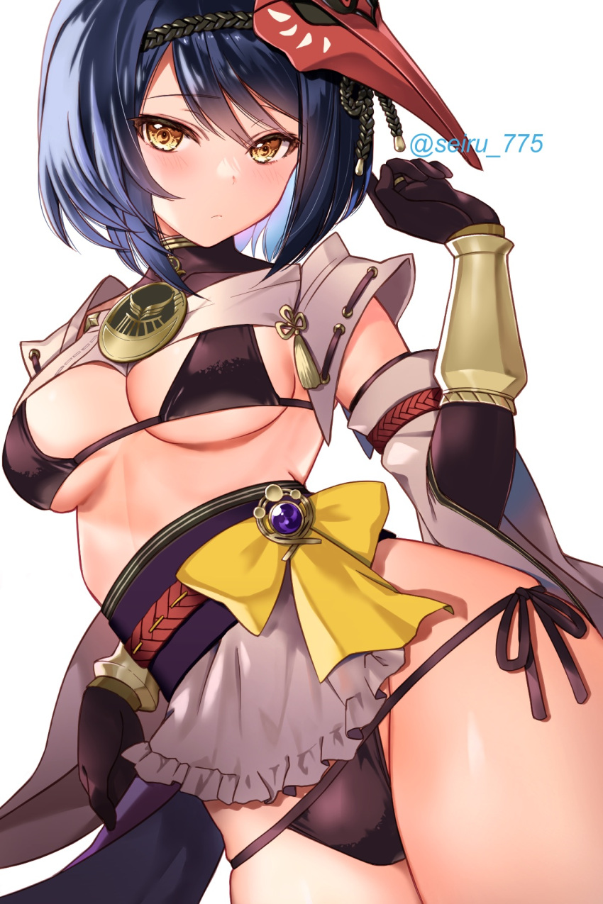 1girl, apron, bangs, bikini, bird_mask, black_bikini, black_gloves, black_hair