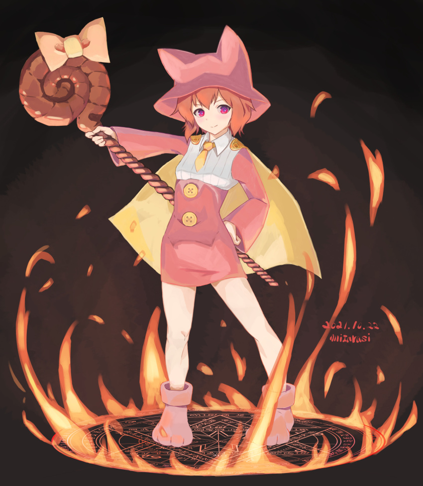 1girl, animal_hat, bow, breasts, brown_hair, buttons, cape, cat_hat