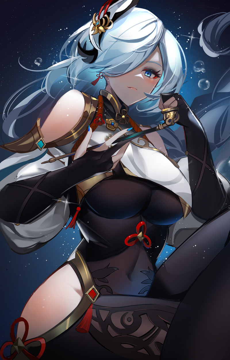 1girl, air_bubble, bare_hips, bare_shoulders, black_bodysuit, blue_background, blue_eyes, blue_nails