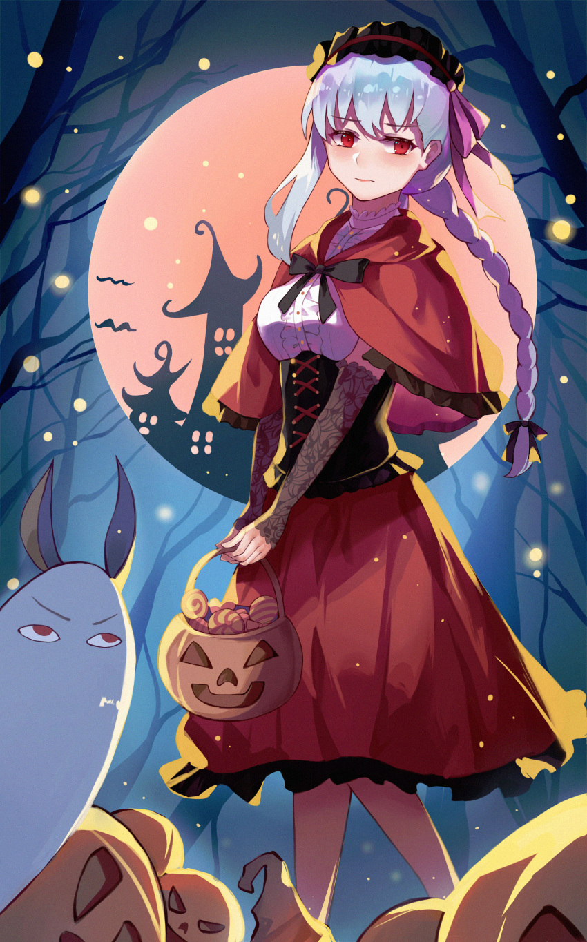 2girls, absurdres, animal_ears, bangs, blush, braid, breasts, cape, capelet, corset, cosplay, fate/grand_order, fate_(series), frilled_hairband, frills, full_moon, hair_ribbon, hairband, halloween, halloween_costume, highres, hood, hooded_cape, jack-o'-lantern, jackal_ears, kama_(fate), large_breasts, long_hair, long_sleeves, looking_at_viewer, medjed_(fate), medjed_(fate)_(cosplay), moon, multiple_girls, nekocat, night, night_sky, nitocris_(fate), pink_ribbon, pumpkin, red_capelet, red_eyes, red_skirt, ribbon, silver_hair, skirt, sky, twin_braids
