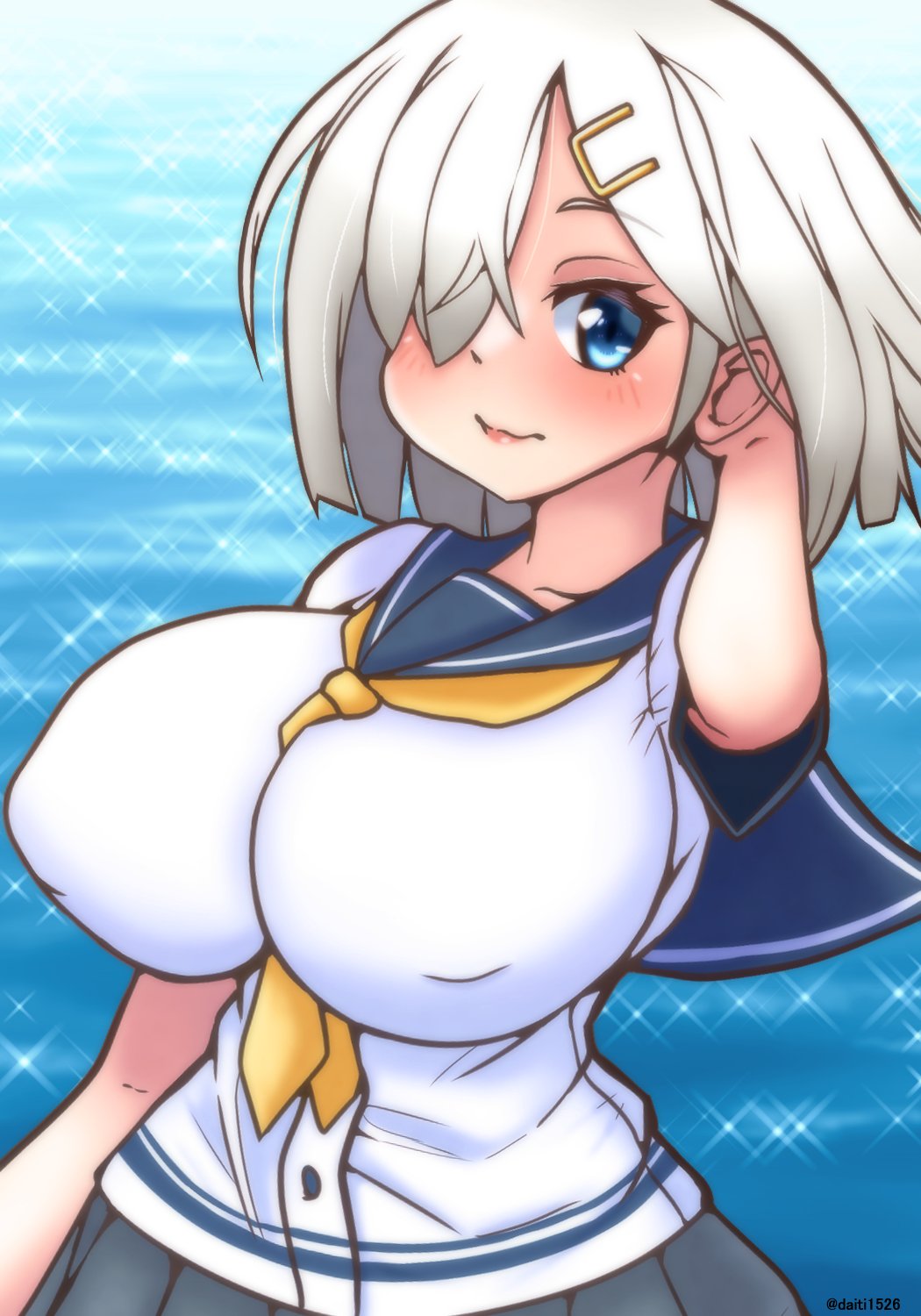 1girl, blue_eyes, breasts, daichi_(daiti1318), hair_ornament, hair_over_one_eye, hairclip, hamakaze_(kancolle)
