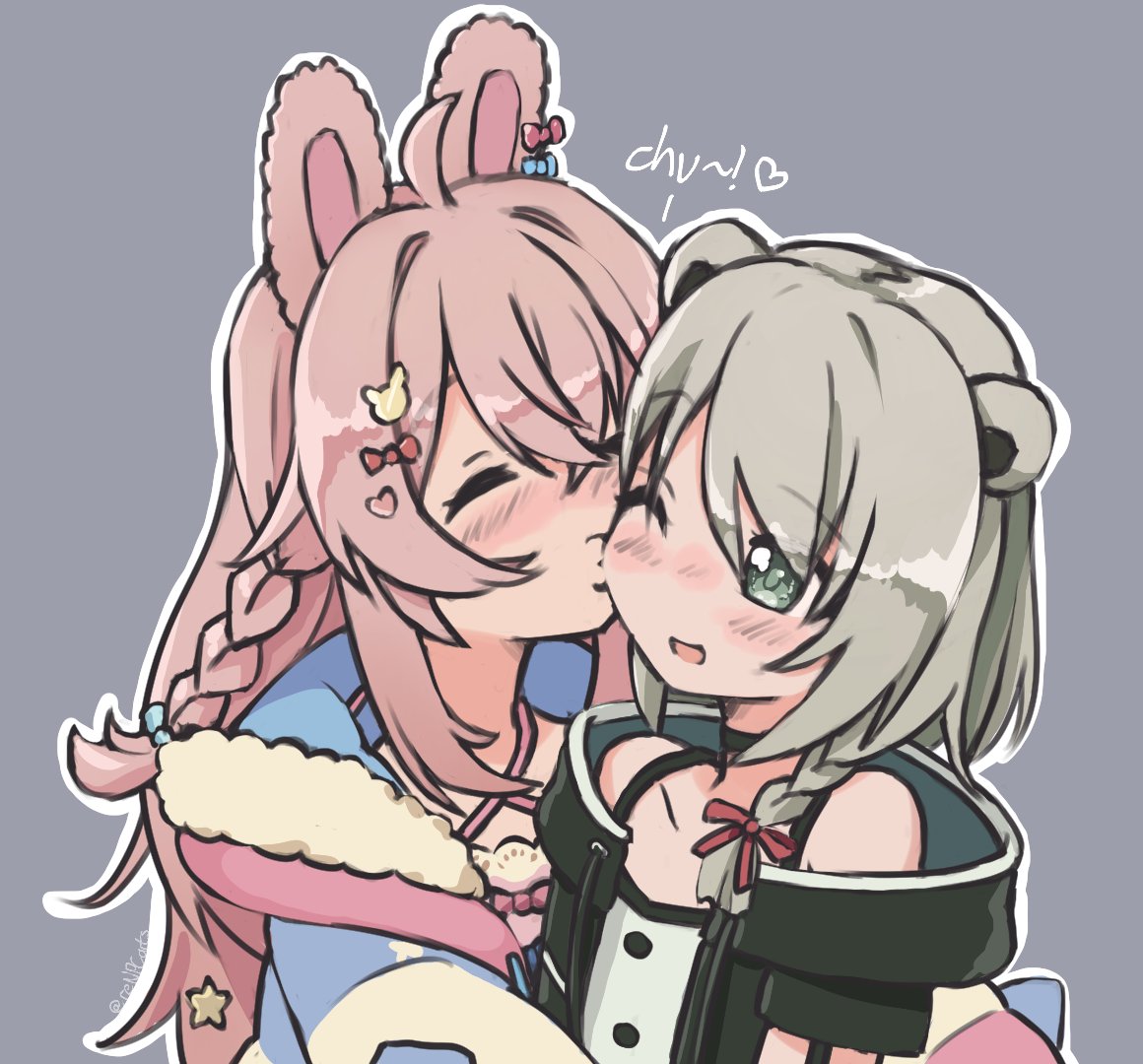 2girls, ^_^, animal_ears, bangs, bear_ears, black_jacket, blue_jacket, bow