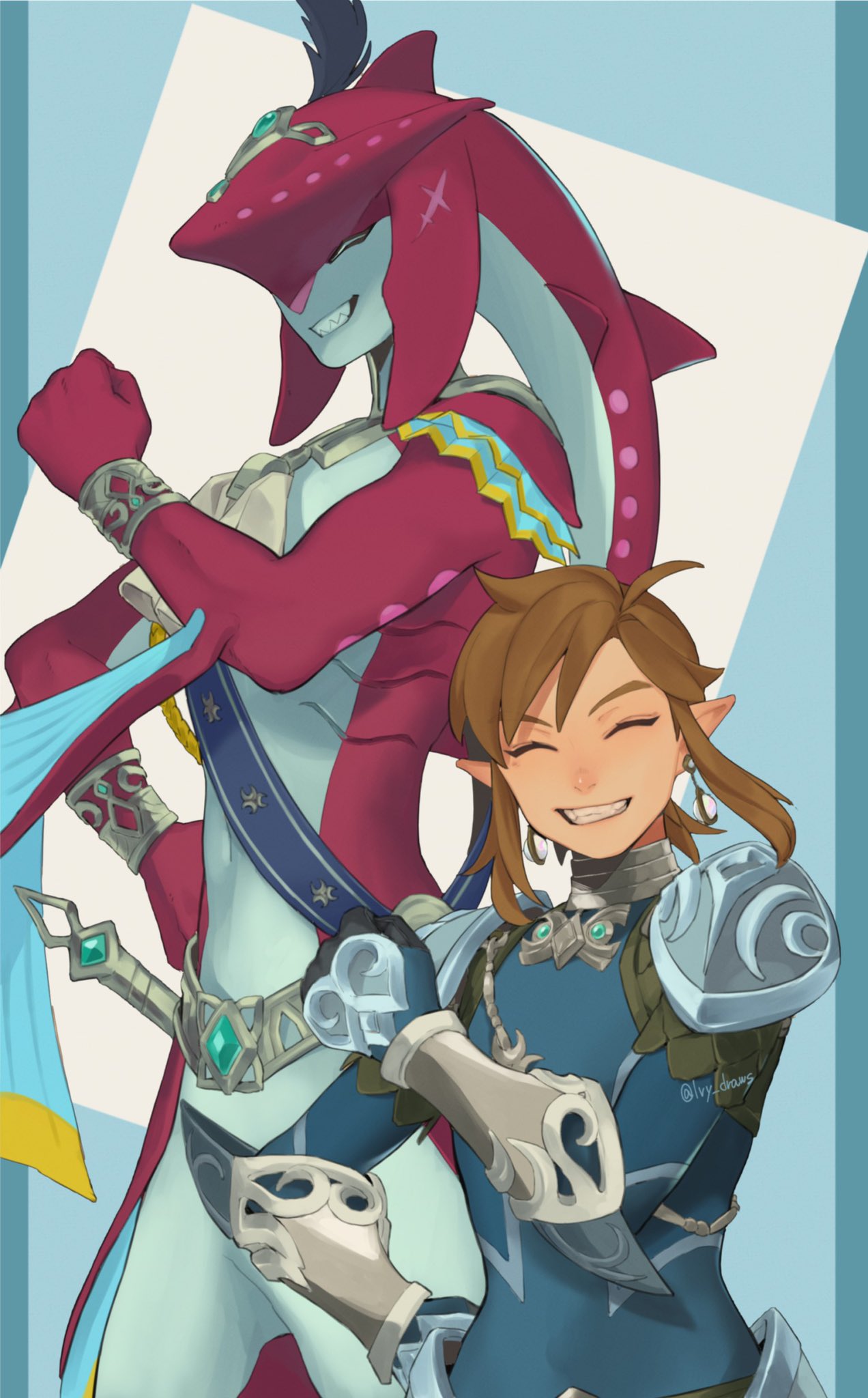 2boys, armor, bangs, blonde_hair, blue_background, blue_bodysuit, bodysuit, clenched_hand
