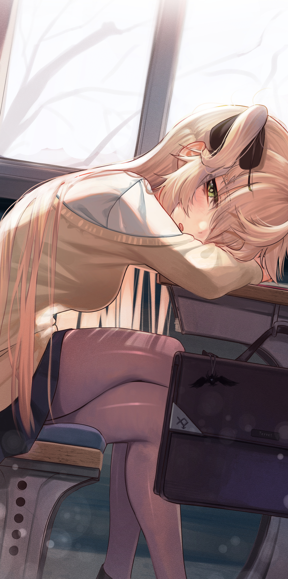 1girl, backlighting, bangs, black_ribbon, black_skirt, blonde_hair, blush, breasts