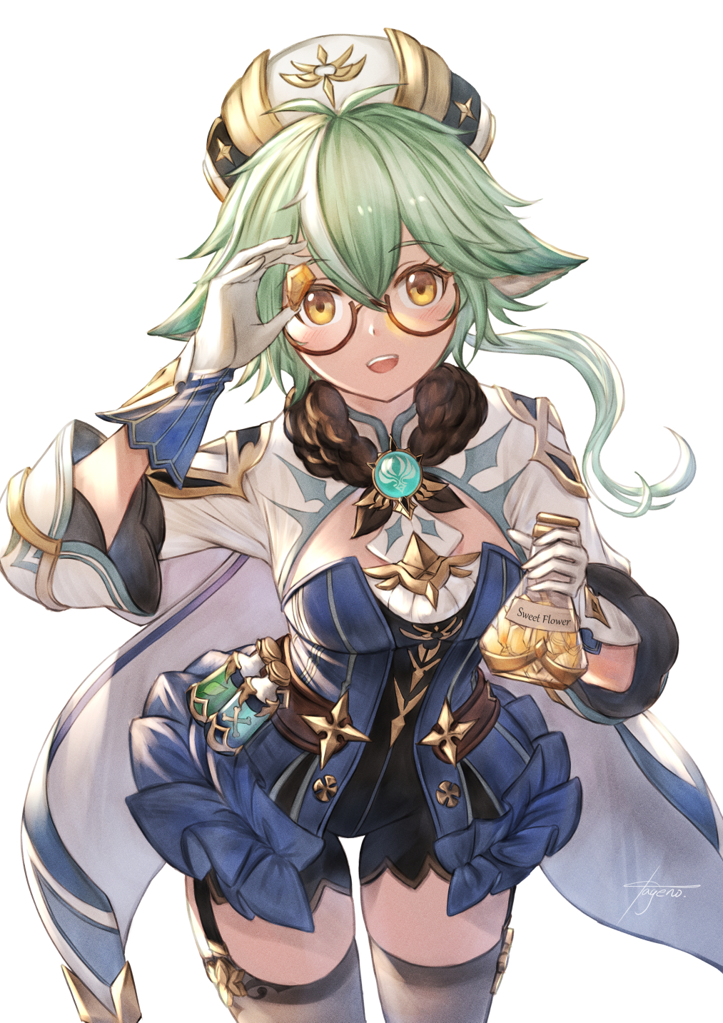 1girl, genshin_impact, glasses, green_hair, hat, highres, looking_at_viewer, mugen_kageno